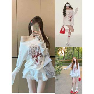 Áo Thun Xước Lệch Vai, Áo Thun Giấy Thu Đông In Hình Dài Tay Phong Cách Hàn Quốc Siêu Xinh