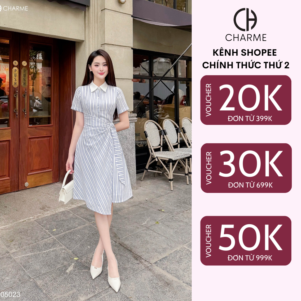 Đầm sơ mi cổ đức thắt chéo nơ eo Charme Store 505023