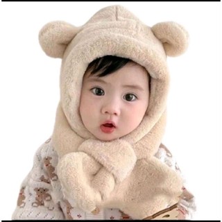 Mũ Len Trùm Đầu Lông Thỏ Kèm Khăn Choàng, Nón Len Liền Khăn Giữ Ấm Mùa Đông Đáng Yêu Cho Bé 0-5 tuổi