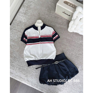 Áo len cổ trụ khoá kéo kẻ ngang tay cộc hàng qc A18