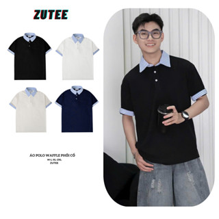 Áo Polo Ngắn Tay Phối Sơ Mi Kẻ Sọc Xanh ZUTEE Áo Phông Vải Cotton Tổ Ong Cao Cấp Thoáng Mát Nam Nữ Unisex