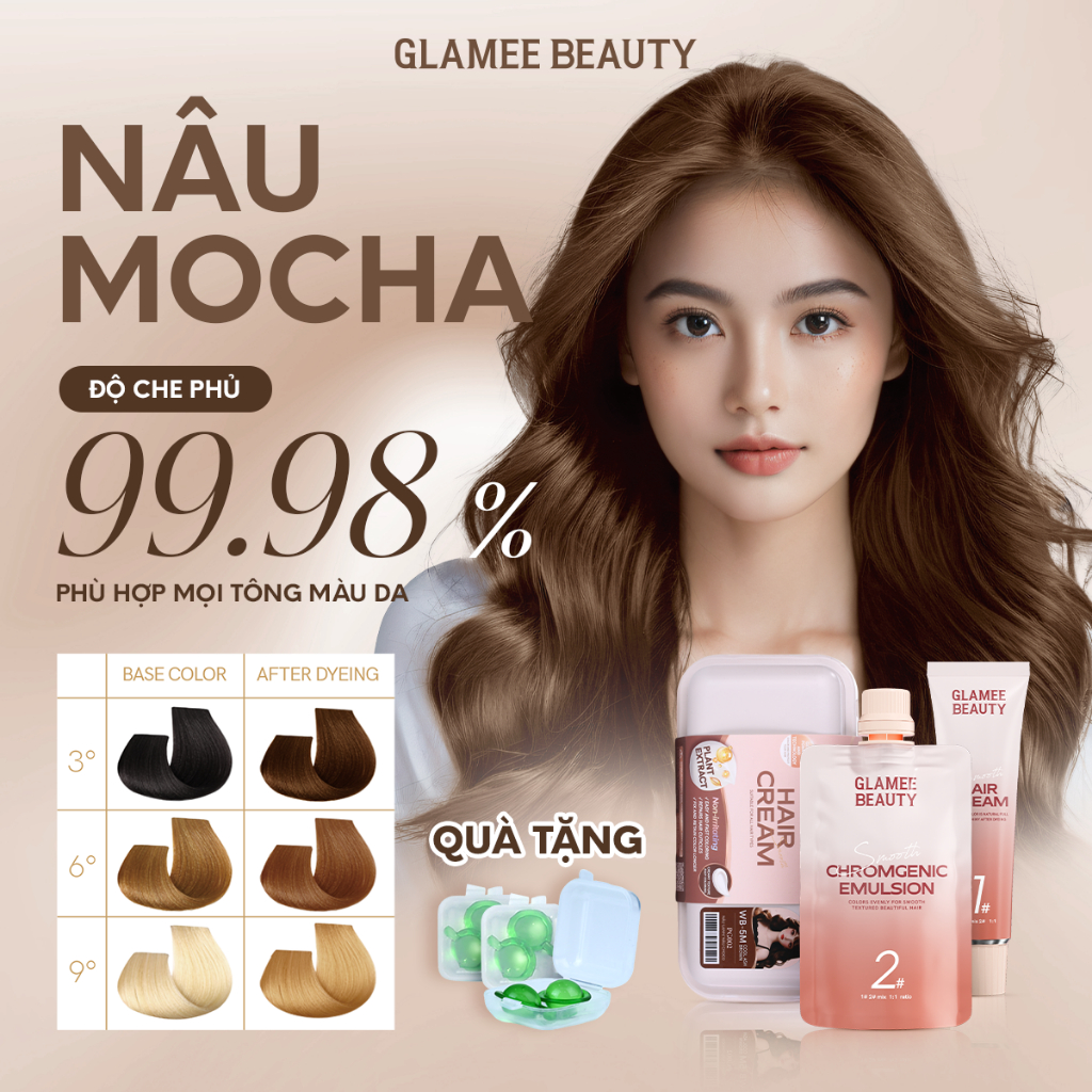 Thuốc Nhuộm Tóc Phủ Bạc Glamee Beauty Nâu Mocha Màu Kem Nhuộm Tóc Tại Nha Không Cần Tẩy Mượt Mà