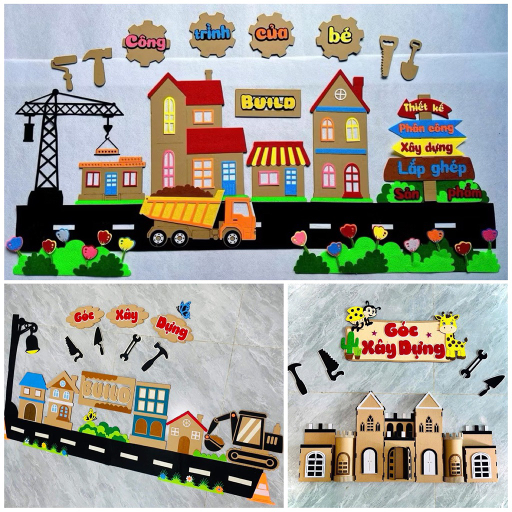 Lâu đài lắp ráp bằng bìa phối nỉ kèm bảng tên góc xây dựng trong lớp Mầm non steam