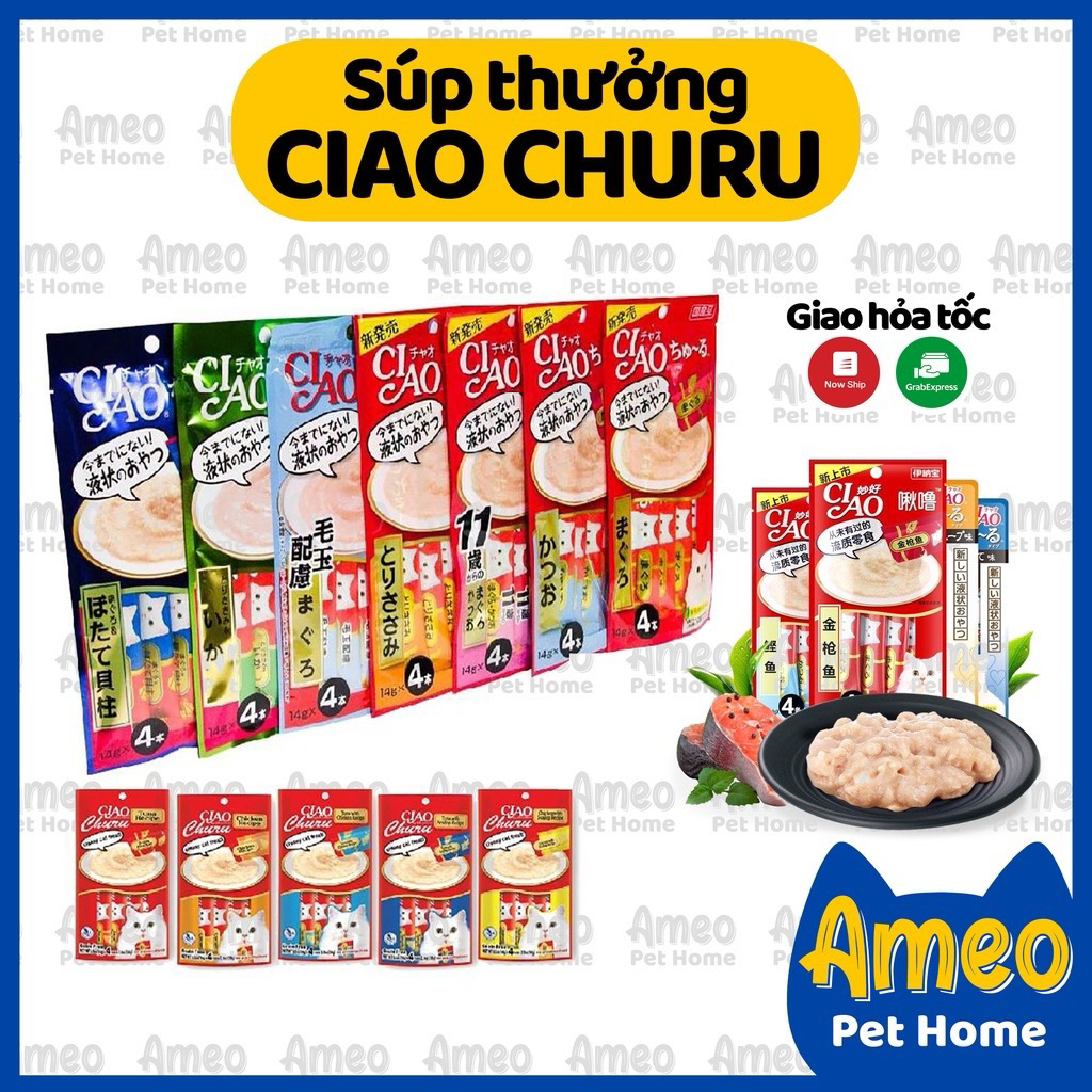 (đăng lại) SÚP THƯỞNG CIAO CHURU ĐỦ VỊ CHO MÈO, súp thưởng mèo ciao - AMEO PET HOME
