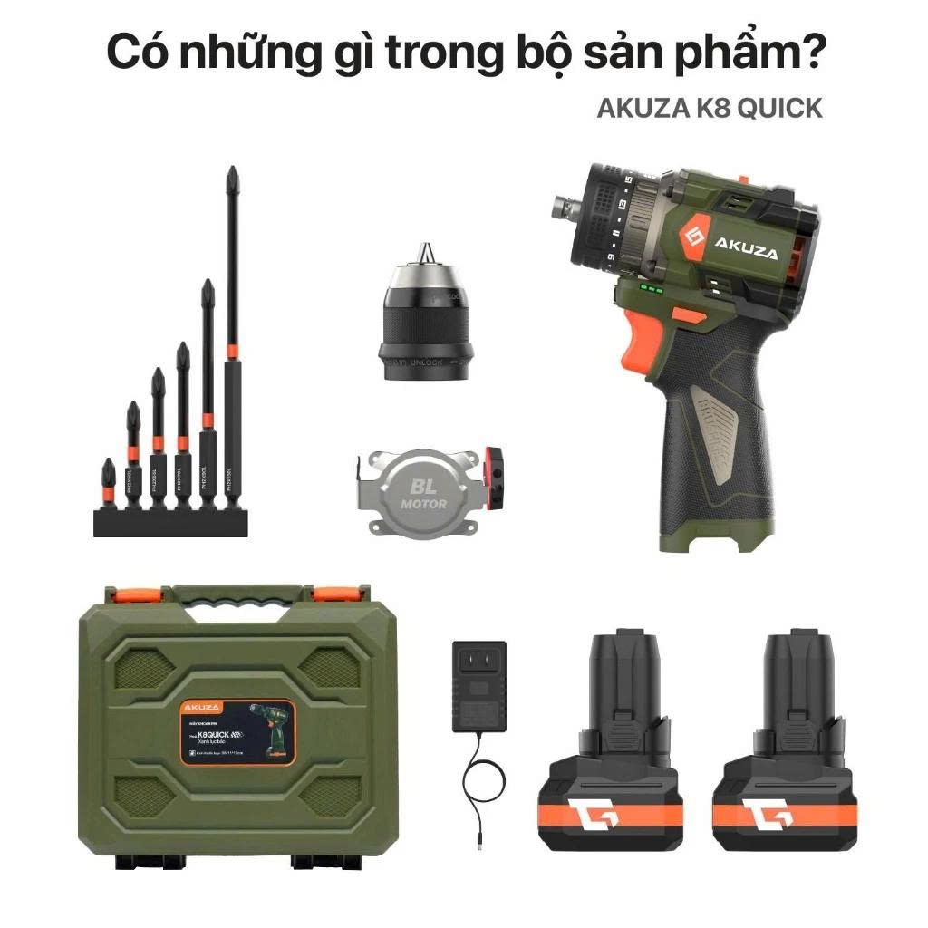 Khoan Pin AKUZA K8 QUICK Có Búa- Khoan pin 16,8V Không Chổi Than Đầu Kẹp 10mm,Tặng bộ mũi vít