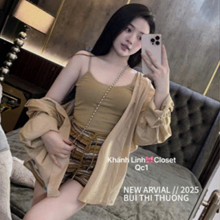 set đồ mùa hè,set đồ nữ sang chảnh,bộ miu áo 2 dây quần short kẻ kèm áo sơ mi dài tay xịn sò RD85