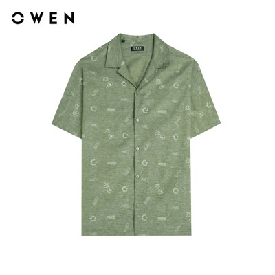 Owen - Áo sơ mi ngắn tay J-Form AJ250000N màu Xanh lá đậm chất liệu Linen slub