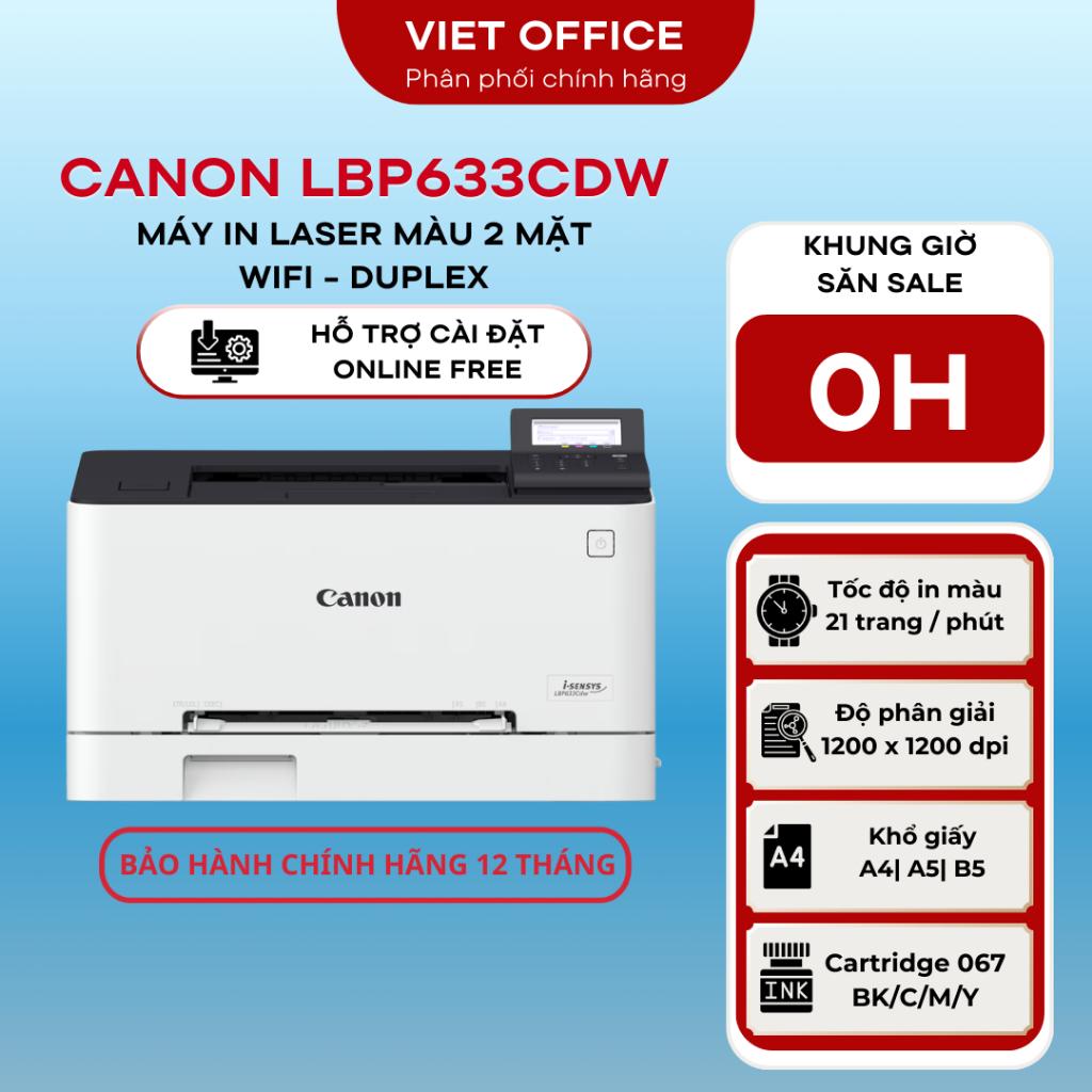 Máy in laser màu Canon LBP633Cdw – In 2 mặt tự động, Wi-Fi, tốc độ 21 trang/phút,in di động tiện lợi