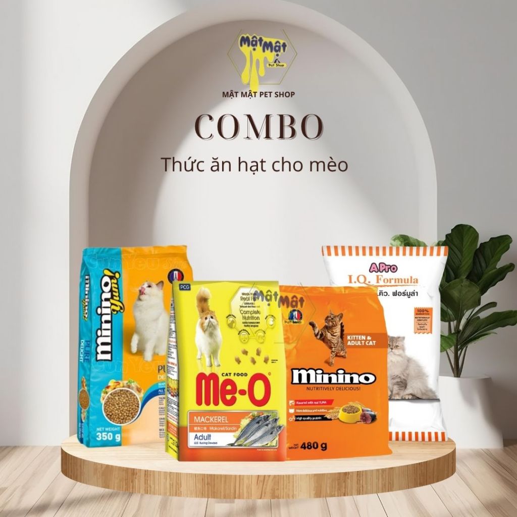 COMBO 4 loại thức ăn hạt cho mèo (Minino hải sản, Me-o cá thu, Minino cá ngừ, Apro mèo)