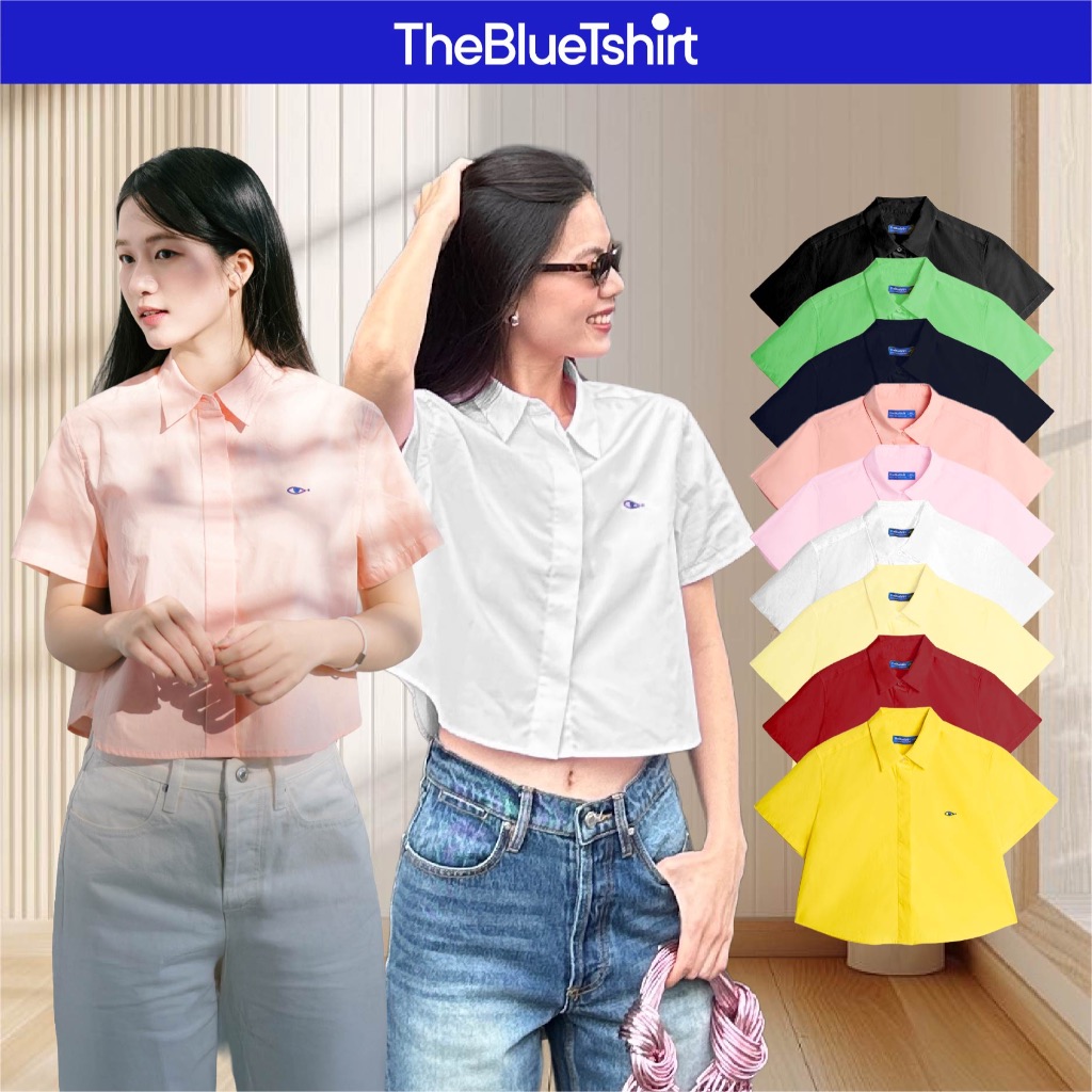 TheBlueTshirt - Áo sơ mi croptop trơn tay ngắn nhiều màu cho nữ - Poplin Boxy Shirt - Women