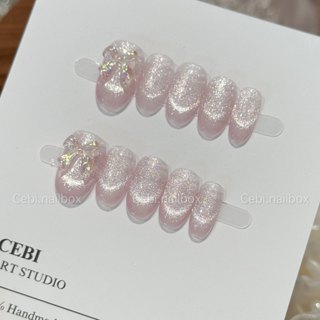 Móng úp thiết kế C957 dáng ngắn thạch hồng mắt mèo đơn giản dễ thương đính nơ hologram cebi.nailbox 