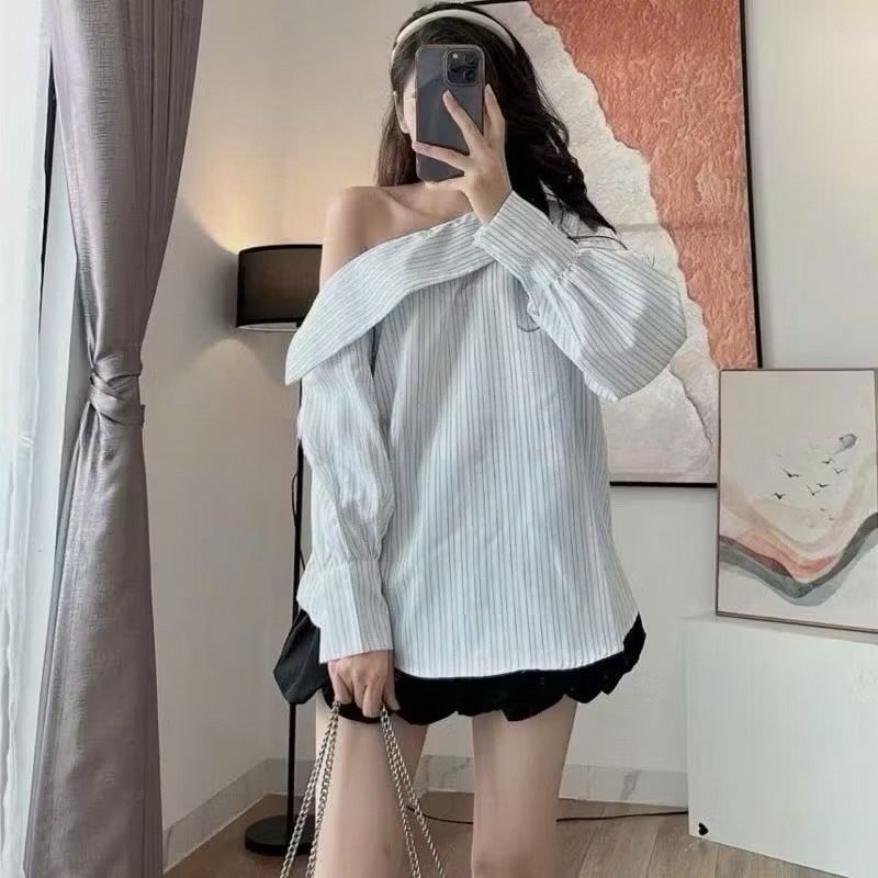 Áo sơ mi trễ vai kẻ sọc cúc tay tiểu thư sang chảnh (mẫu mới) | BigBuy360 - bigbuy360.vn