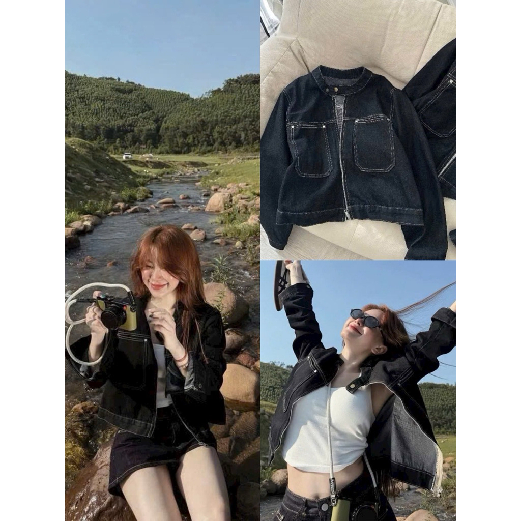  Áo khoác Jeans Croptop MẪU MỚI túi ngực form unisex màu wash denim jacket 