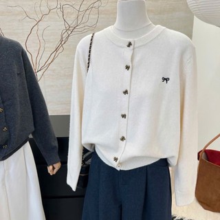  Áo Khoác Len Dệt Kim Thêu Nơ Ngực,Áo Cadigan Cổ Tròn Phối Cúc Đồng Nơ Chất Len Lông Thỏ Vintage Shopquacam 