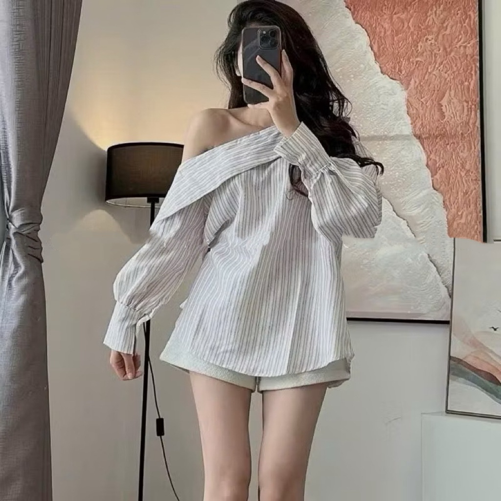Áo sơ mi trễ vai kẻ sọc cúc tay tiểu thư sang chảnh (mẫu mới) | BigBuy360 - bigbuy360.vn