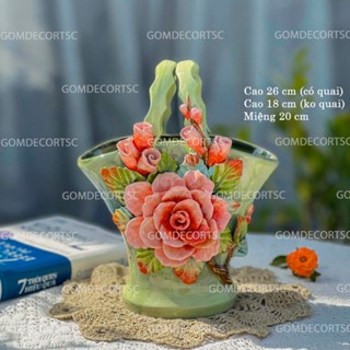  Bình hoa đắp nổi gốm sứ Bát Tràng cao 27 cm dáng làn có quai vuốt tay thủ công cao cấp 