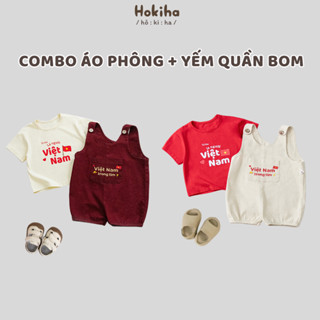 Combo áo phông+Yếm quần bom phối túi thêu chữ cho bé trai bé gái Hokiha chất kaki mềm mại từ 8-14kg Y172-A176-A158