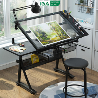 Bàn vẽ kỹ thuật mặt kính cường lực tuỳ chỉnh góc nghiêng kèm đèn kẹp đầy đủ công năng thương hiệu IGA - GN87