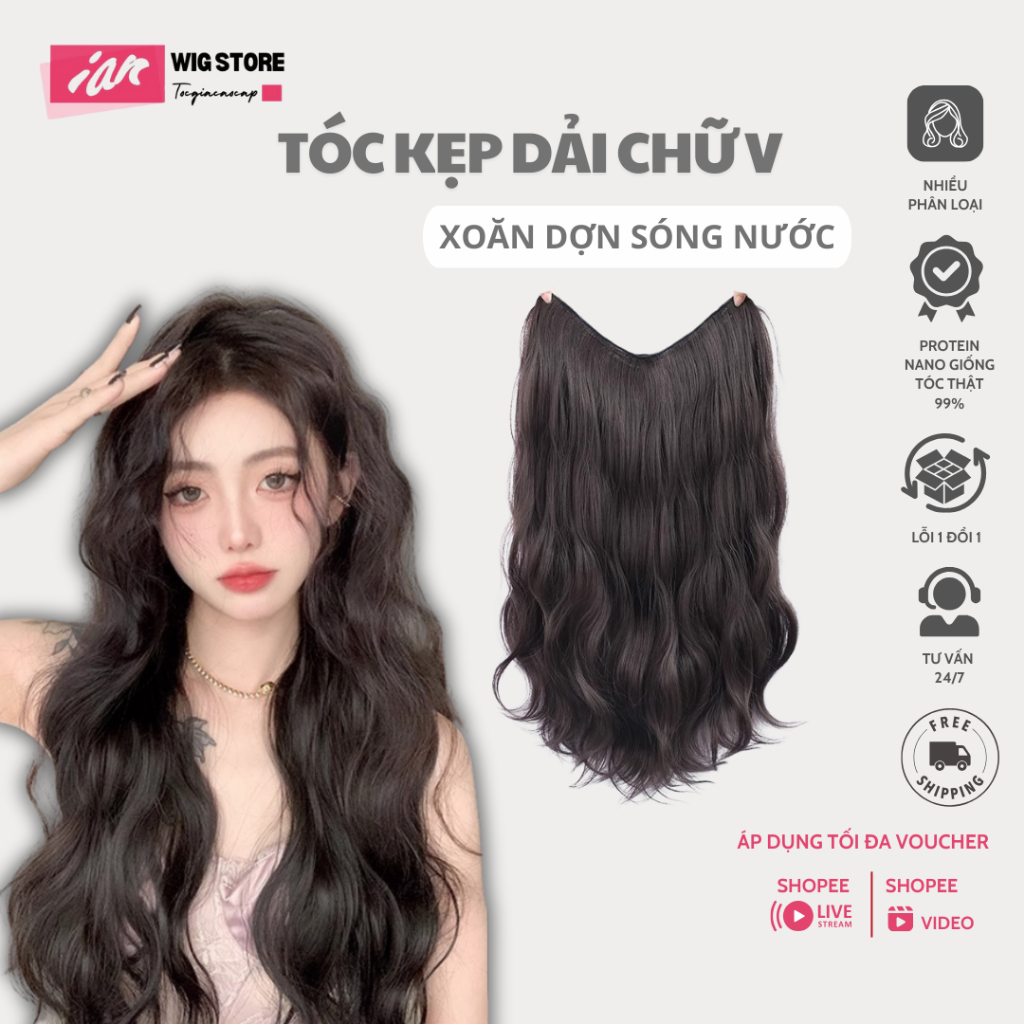 Tóc Giả Kẹp Phím, Tóc Kẹp Dải Xoăn Sóng Nước iAN