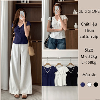 Áo Thun Cổ V Viền Ren Nơ Ngực Dáng Ôm Susstore A3054 Thời Trang Nữ