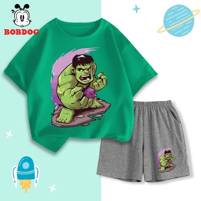 Set bộ cho bé trai BOBDOG, áo cộc quần đùi cotton thoáng mát in hình người khổng lồ xanh CD-BDO98