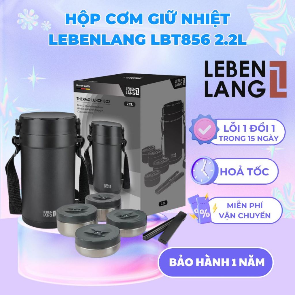 Hộp giữ nhiệt, hộp cơm inox Lebenlang LBT856 ,6 chi tiết Dung Tích 2.2L Kèm Hộp Đựng Đũa Tiện Lợi, H
