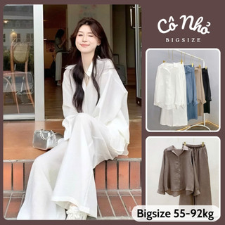  Set Đồ Bigsize Nữ Vải Đũi Vân Mây Mềm Mát Áo Sơ Mi Tay Dài Kèm Quần Ống Rộng Cạp Chun SET858 