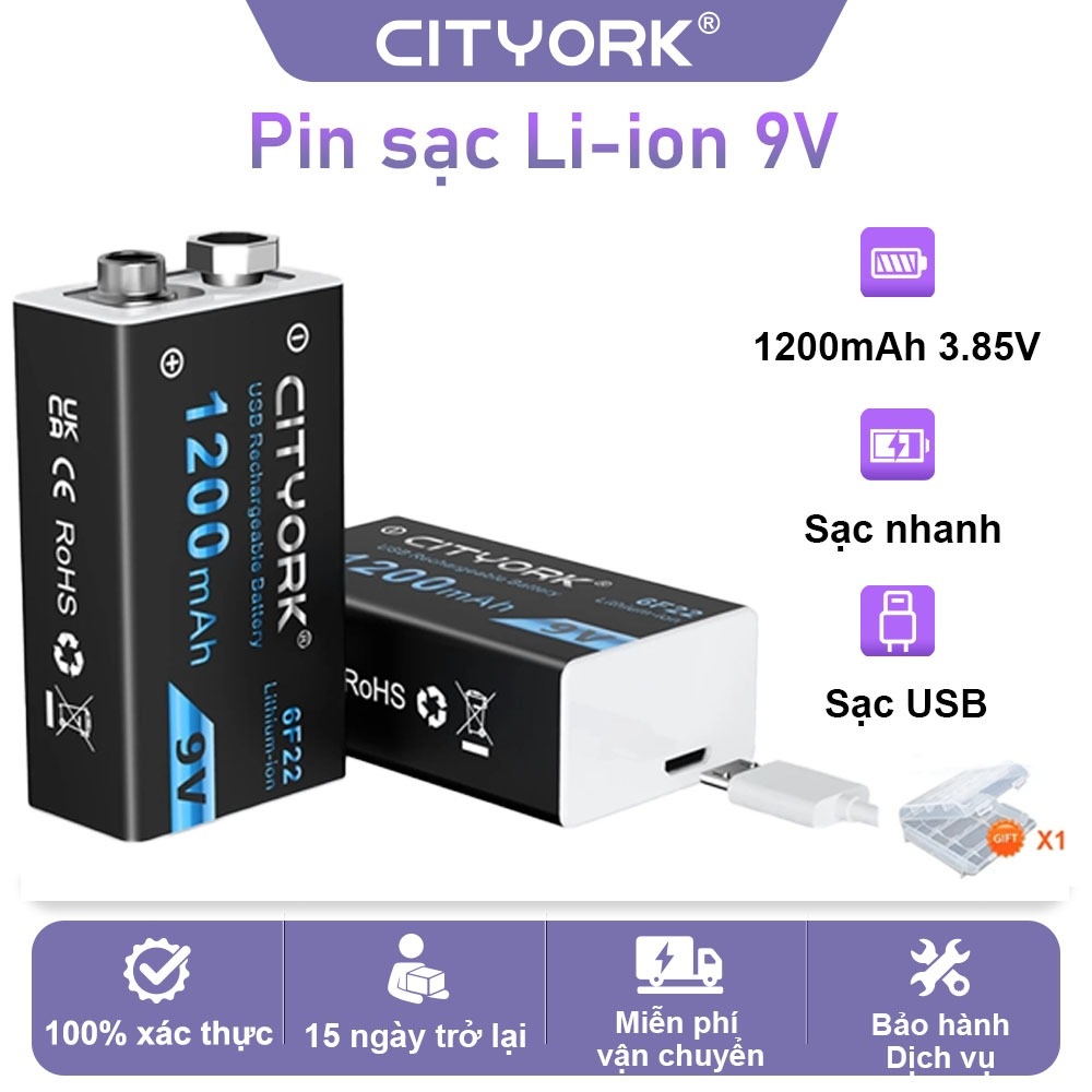 CITYORK Pin sạc 9V Pin vuông 9V USB 9V  Cổng Sạc Cho micro đồng hồ đo điện chuông báo động đồ chơi