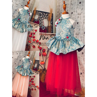  Sét đầm Trung thu  Tết cao cấp cho bé Ns 227 set yếm chân váy thêu hoạ tiết trung thu - tết cho bé gái 