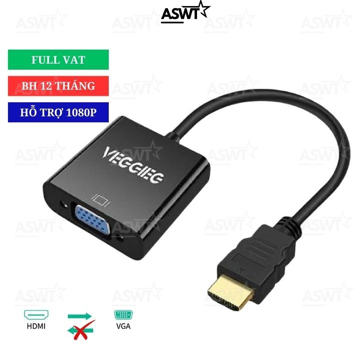 Dây cáp HDMI sang VGA hỗ trợ 1080P chính hãng VEGGIEG- FULL VAT , cáp HDMI to VGA