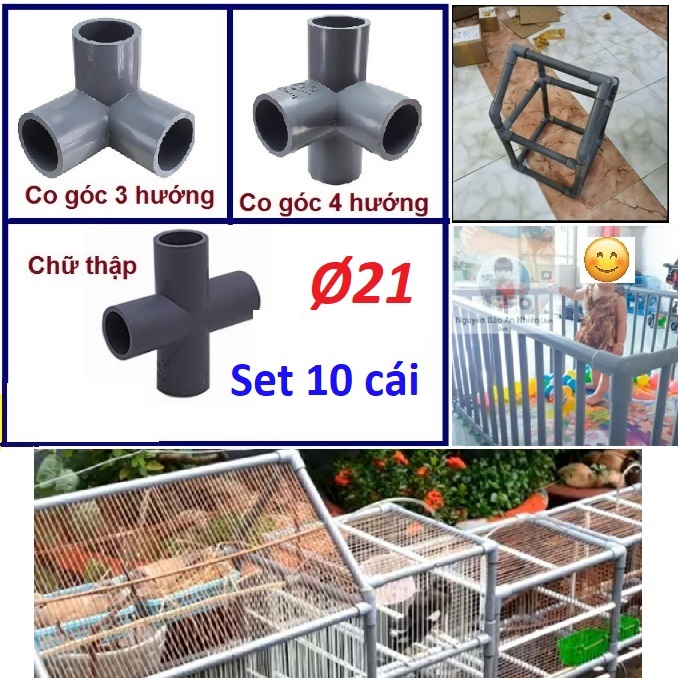 <Set 10 cái> Co góc, phụ kiện pvc phi 21mm, co góc 3 hướng, thập góc Siêu Thành, Bình Minh