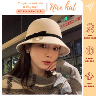 Mũ bucket cụp dạ ép đính nơ nhỏ đẹp sang chảnh dành cho nữ phong cách thu đông - M109