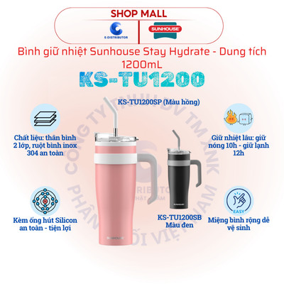 [HỎA TỐC] Bình giữ nhiệt Sunhouse Stay Hydrate - Dung tích 1200ml KS-TU1200SP/KS-TU1200SB - Hàng chính hãng