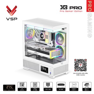  Vỏ Case PC VSP Gamer Edition X3 Pro White – Thiết kế Gaming Màn hình LED hiển thị Hỗ trợ Main ATX 