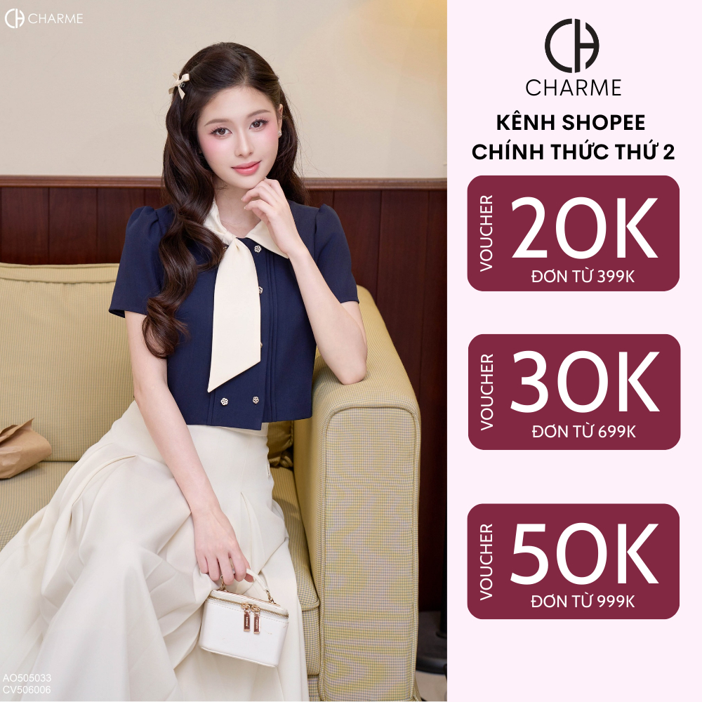 Áo dáng lửng khuy 2 hàng phối cổ nơ Charme Store 505033