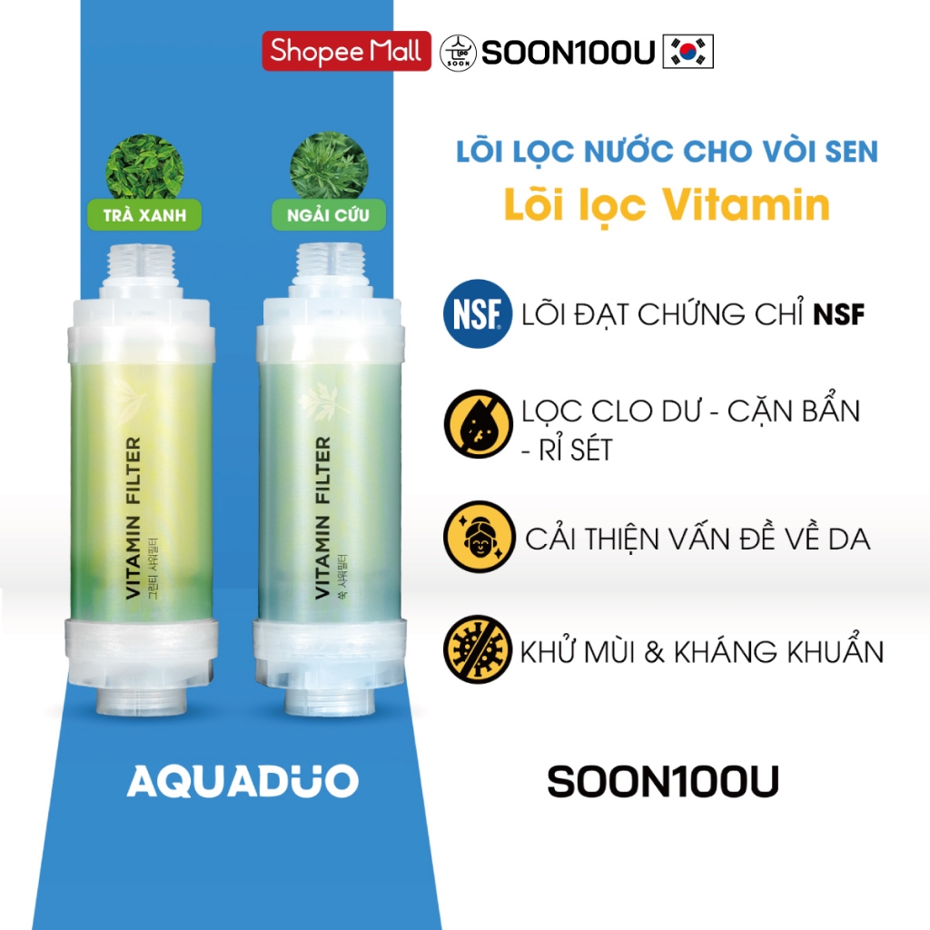 Lõi lọc nước Vitamin gắn vòi hoa sen hoặc củ sen tắm có 2 mùi Trà Xanh/Ngải Cứu Aquaduo Soon100u