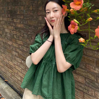 Pine Linen- | BEELY| Áo Linen tay phồng nhún babydoll