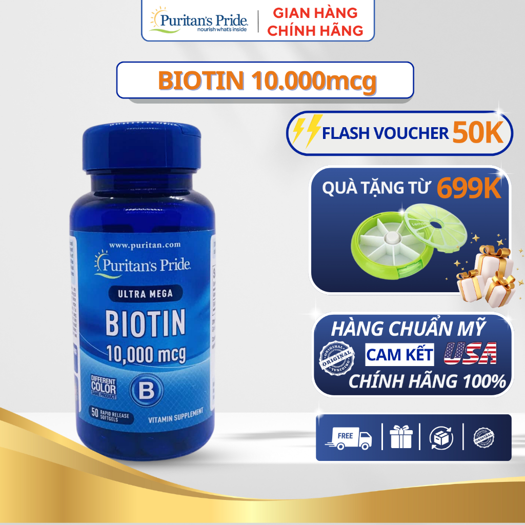 Biotin hỗ trợ mọc tóc, giảm rụng tóc Puritan's Pride Ultra Mega Biotin 10000 mcg giúp tóc chắc khỏe 