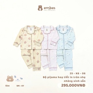 Bộ Pijama Dài Tay Cho Bé Trai Bé Gái Embes, Bộ Đồ Ngủ Thu Đông Chất Cotton In Tràn Cho Bé Từ 8-18kg