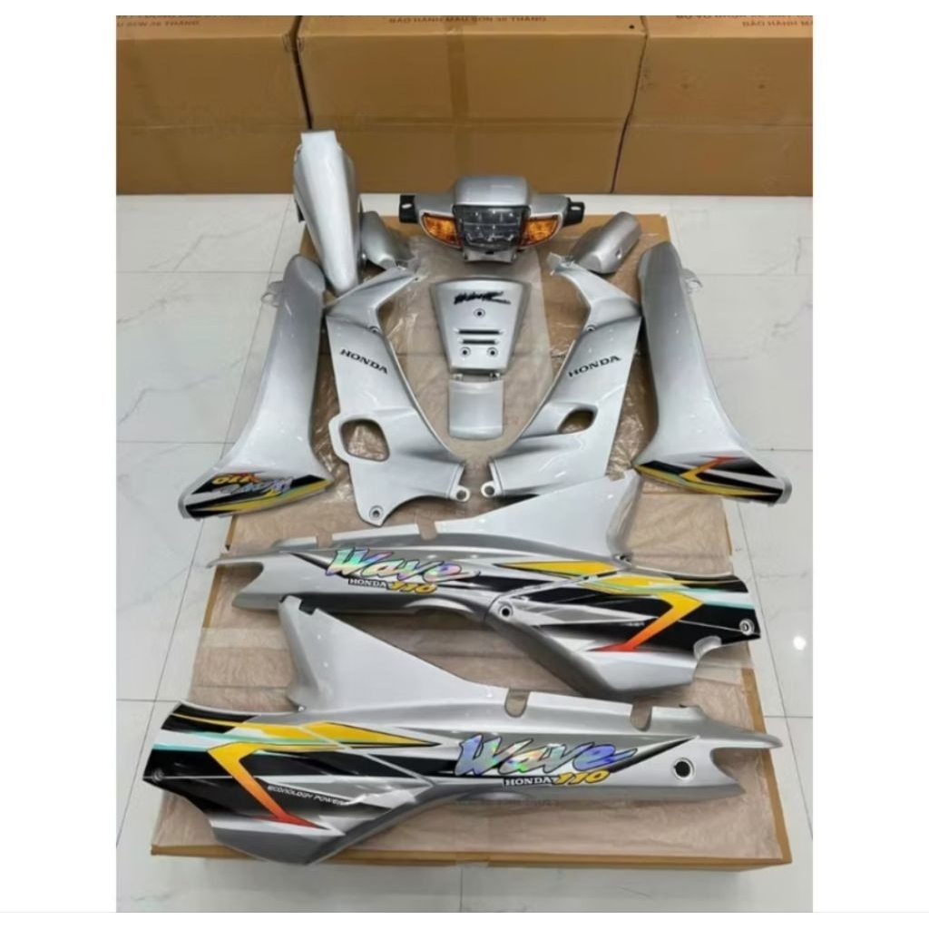 bộ dàn áo wave nhỏ 110 đầu đèn wave thái, màu bạc (áo full nhựa nhám bóng 16 món)