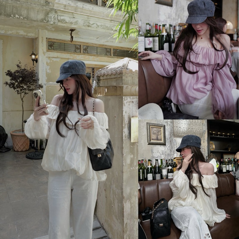 JENNYCLOSET ®”Cacis Top”•Áo kiểu nữ trễ vai tay dài dáng bí bồng ,chất liệu voan tơ mềm mại, style tiểu thư Hàn Quốc