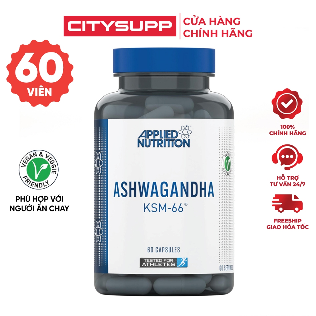 Viên Uống Sâm Ấn Độ Applied Nutrition Ashwagandha KSM 66 (60 Viên) Giảm Stress | CitySupp