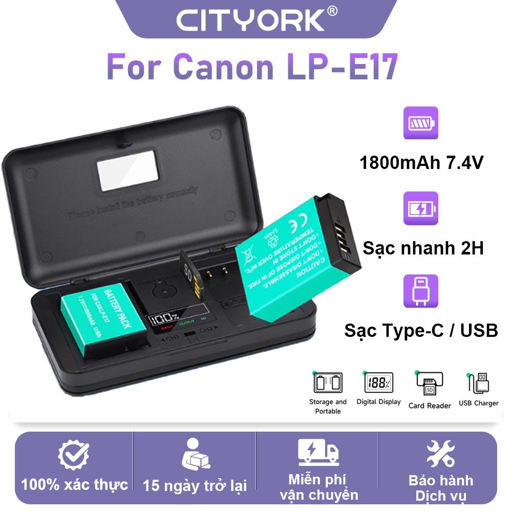 CITYORK Bộ Pin LP-E17 1800mAh+Hộp sạc Cho Máy Ảnh Canon EOS M3 EOS M5 EOS 750D EOS 760D EOS 800D 77D