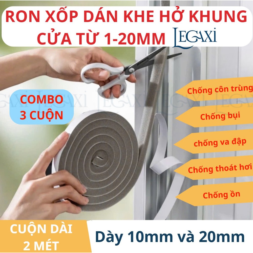 Combo 3 Cuộn ron gioăng mút xốp dán khe khung cửa cách âm giảm chấn chống bụi dài 2 mét