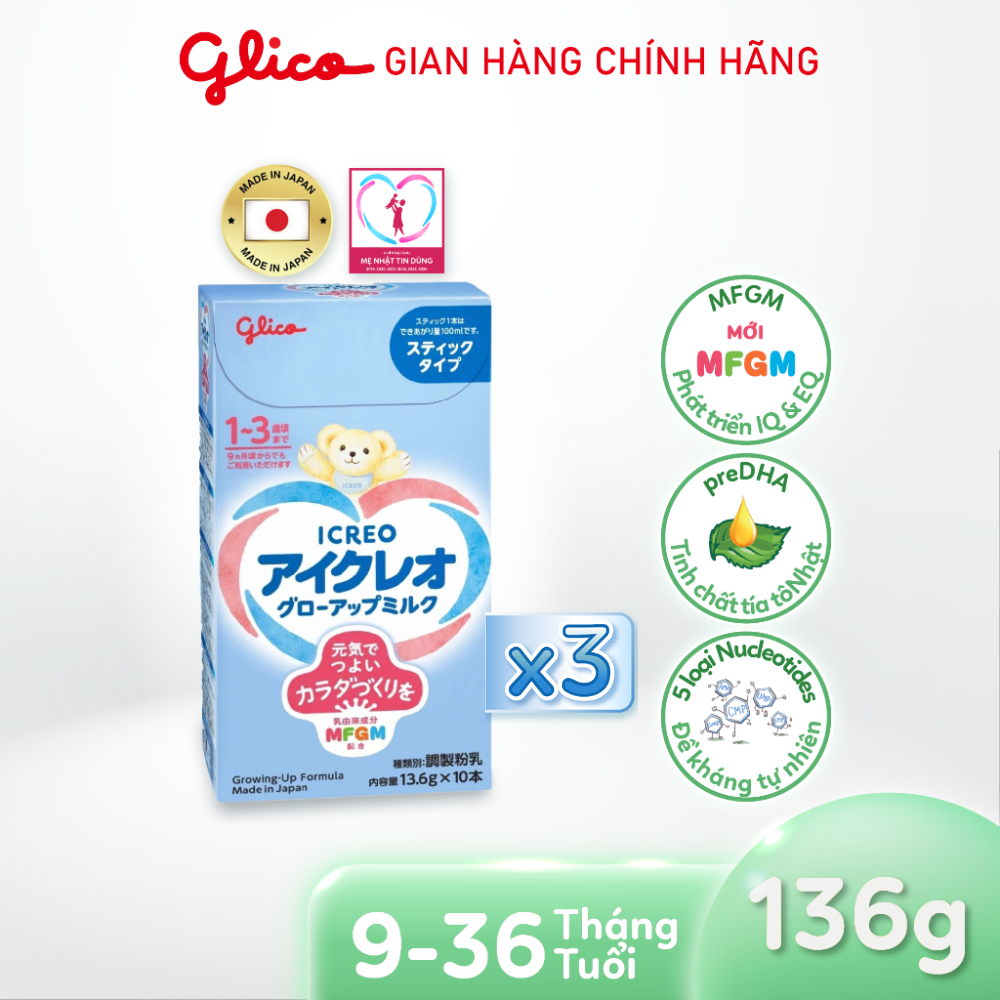 [DUY NHẤT THÁNG 9 - GIẢM 50%] Combo 3 Hộp Sữa Bột Cho Bé Glico Icreo Grow-Up (Số 1) - Hộp 10 x 13,6g/Thanh