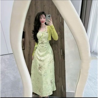 Đầm maxi kèm áo khoác tay dài thời trang nữ dự tiệc chất lụa hoa cổ dây có mút ngực không tay dáng váy chữ A dài maxi
