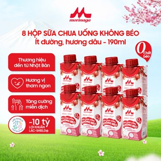 8 Hộp Sữa Chua Uống Không Béo Morinaga Vị Dâu 190ml - Ít Đường & Calo, 10 Tỷ Lợi Khuẩn - Tăng Miễn Dịch