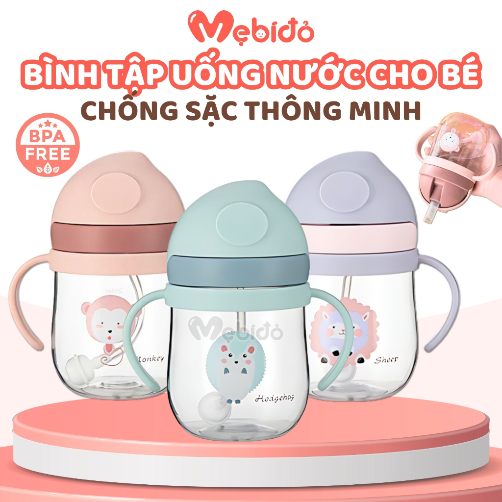Bình tập uống nước uống sữa chống sặc cho bé đi học 250ml cao cấp an toàn có ống hút - Shop Mẹ Bí Đỏ