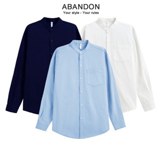 Áo Sơ Mi Cổ Tàu Oxford Tay Dài Nam Nữ Hàn Quốc Cổ Trụ ABANDON Form Rộng 2 Màu Trắng A12