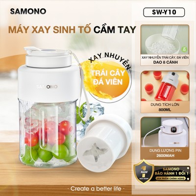 (BH 1 năm) Máy Xay Sinh Tố Cầm Tay Mini Samono SW-Y10 pin 2600mAh, 60W, Nhỏ Gọn Dung Tích 800ml, dao 8 cánh, 2 nắp